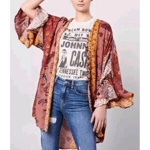 Daytrip Kimono Cardigan Womens S Red Orange Boho‎ Chic Feminine Hippie Vacation